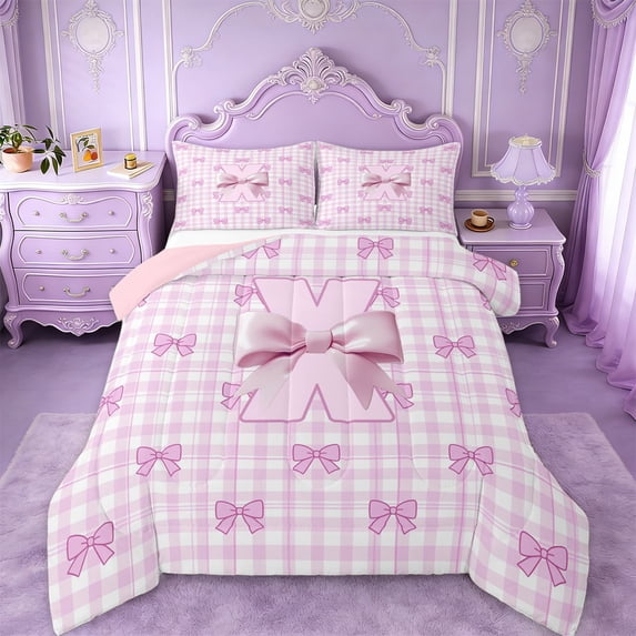 Erosebridal Pink Bow Full Size Comforter Sets For Girls,Cute Letter X Personalized Initial Bedding Sets,Pink Reversible,3pcs