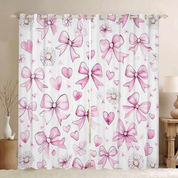 Erosebridal Pink Bow Heart Flower Curtains Pack of 2 (42x84 Each) for Girls, Watercolor Groovy Curtains Blackout