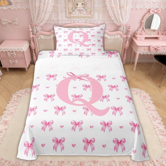 Erosebridal Pink Bow Heart Letter Q Twin Sheet Sets, Cartoon Love Heart Bedding for Girls, 3 Pieces