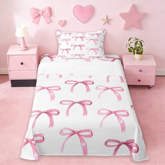 Erosebridal Pink Bow Kids Twin Sheet Sets,Cute Ribbon Bowtie Print Bedding For Girls 3-Piece