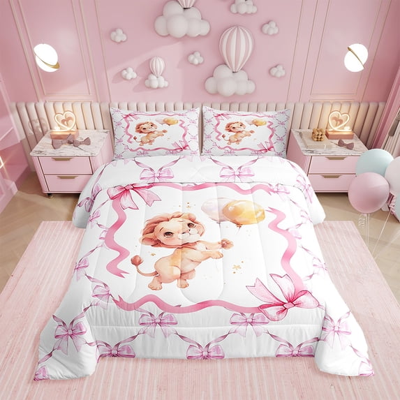 Erosebridal Pink Bow Knot Comforter Set Twin,Cartoon Lion Bedding Set,Princess Bowknot Down Comforter,Cute Safari Animal Reversible Bed Set with 1 Pillowcase for Bedroom