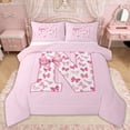 thumbnail image 1 of Erosebridal Pink Bow Letter N Full Size Comforter Sets for Girls Women, Cute Buffalo Ribbon Bedding Sets, Pink Reversible, 3-Piece, 1 of 6