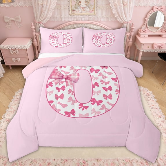 Erosebridal Pink Bow Letter O Full Size Comforter Sets for Girls Women, Cute Buffalo Ribbon Bedding Sets, Pink Reversible, 3 Pieces