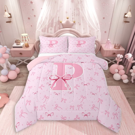 Erosebridal Pink Bow Personalized Initial P Full Size Comforter Sets 3 Pieces For Kids,Girls Teens Dreamy Princess Bowknot Bedding Sets,Pink Reversible