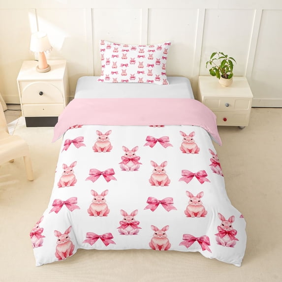 Erosebridal Pink Bow Rabbits Twin Bedding For Kids,Happy Easter Duvet Cover Set For Girls,2pcs,No Comforter,Pink Reversible