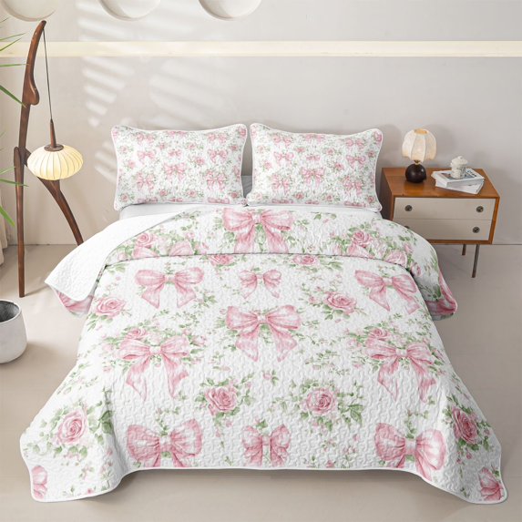 Erosebridal Pink Bow Ribbon Bed Spread Queen for Girls, Retro Flower Floral Queen Coverlet Set, 3 Pieces