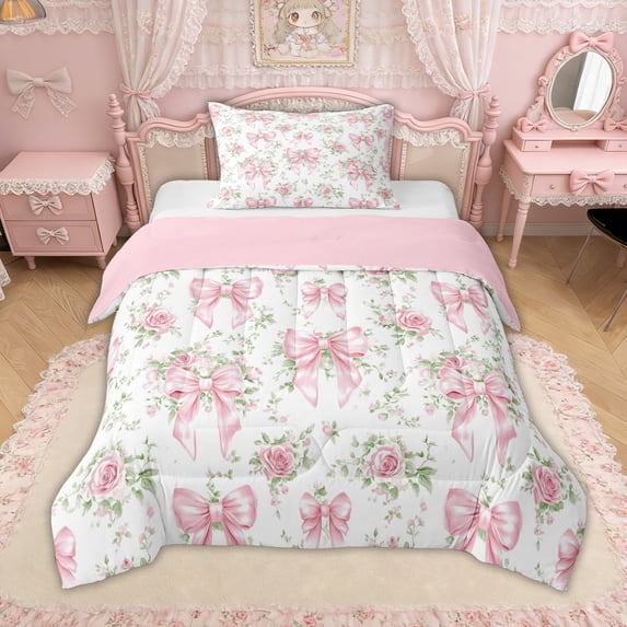 Erosebridal Pink Bow Ribbon Twin Comforter Sets for Girls, Retro Flower Floral Bedding Set, Pink Reversible, 2 Pieces