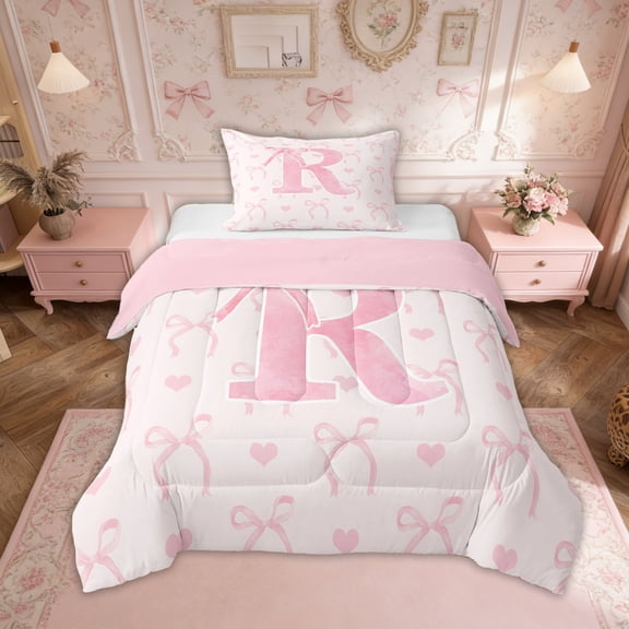 Erosebridal Pink Bow Tie Bedding Sets Twin with Comforter, Initial R Letter Duvet Insert, Kawaii Catoon Decor, Reversible 2pcs