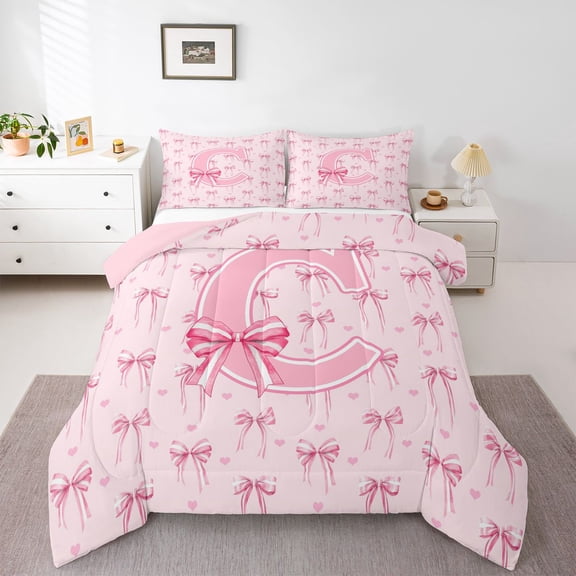 Erosebridal Pink Bow Tie Initial C Full Size Comforter Sets 3 Pieces For Children Teens,Cute Love Heart Print Bedding Sets For Girls,Pink Reversible