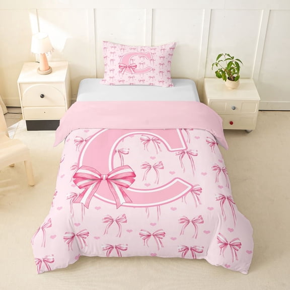 Erosebridal Pink Bow Tie Initial C Twin Bedding For Children Teens,Cute Love Heart Print Duvet Cover Set For Girls,Pink Reversible,2pcs,No Comforter