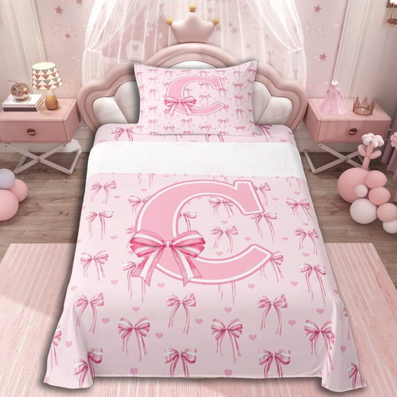Erosebridal Pink Bow Tie Initial C Twin Sheet Sets 3pcs For Children Teens,Cute Love Heart Print Bedding For Girls