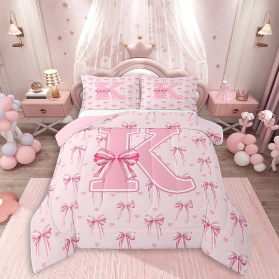 Erosebridal Pink Bow Tie Initial K Full Size Comforter Sets 3 Pieces For Children Teens,Cute Love Heart Print Bedding Sets For Girls,Pink Reversible