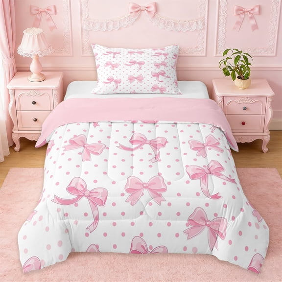 Erosebridal Pink Bow Twin Comforter Sets For Girls,Kawaii Geometric Circles Pattern Bedding Set For Kids,Pink Reversible,2pcs