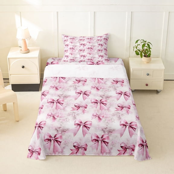 Erosebridal Pink Bow Twin Sheet Sets For Bowtie Girl,Vintage Flower Floral Bedding,Dreamy Princess Style Bows 3-Piece