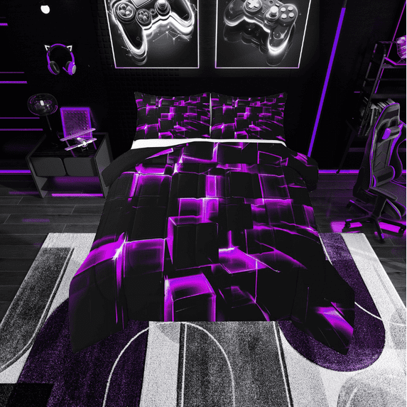 Erosebridal Futuristic Cubes Bedding Twin Comforter Set,Neon Purple Down Comforter,Super Cozy Reversible Bedding Sets Twin with Comforter,Geometric Room Decorative,3pcs