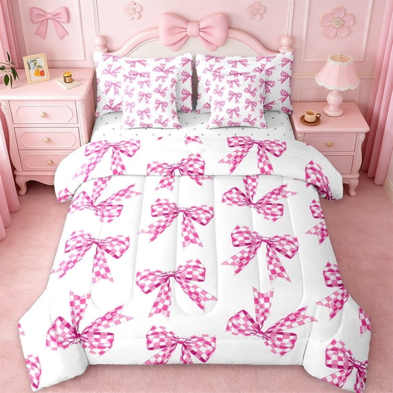 Erosebridal Pink Bowknot 7-Piece Bedding Comforter Set For Girls,3D Cartoon Bow Print King Bedding Sets For Kids,Reversible