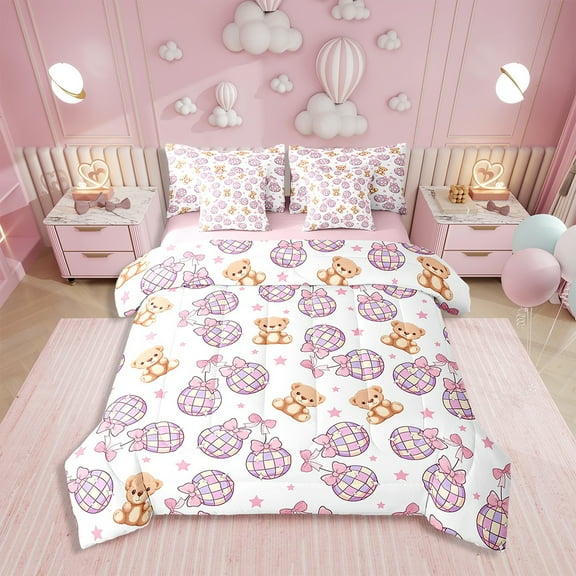 Erosebridal Pink Bowknot 7 Piece Bedding Set Dreamy Princess Style Comforter Set with Sheets Twin Size Room Decor Cute Bear Bed in a Bag Disco Ball Bed Set