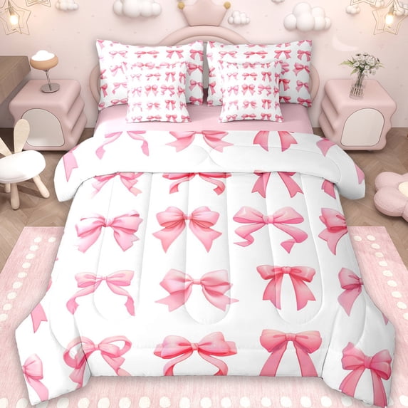 Erosebridal Pink Bowknot 7-Piece Twin Bedding Sets,Girls Cute Coquette Bowtie Bedding Comforter Set For Kids,Reversible pink