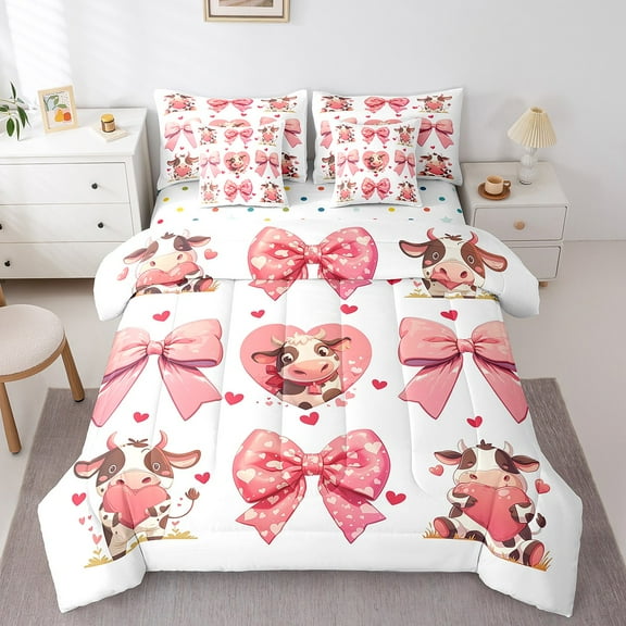 Erosebridal Pink Bowknot Bedding, Kawaii Cow Bed in a Bag, Cute Animal Reversible Bed Set, Lightweight Bedroom Decorative, 7pcs
