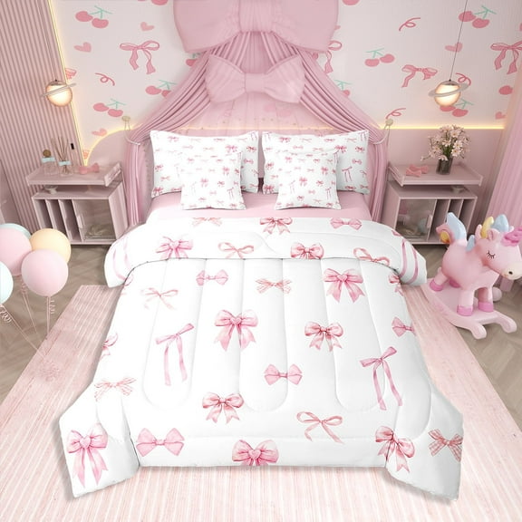 Erosebridal Pink Bowknot Bedding Sets Twin Size, Cute Princess Comforter Sets with Sheets, Bow Tie Decor, Reversible 7-Piece