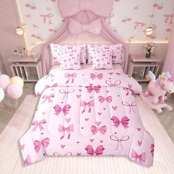 Erosebridal Pink Bowknot Bedding Sets Twin Size, Cute Princess Comforter Sets with Sheets, Bow Tie Decor, Reversible 7 Pieces