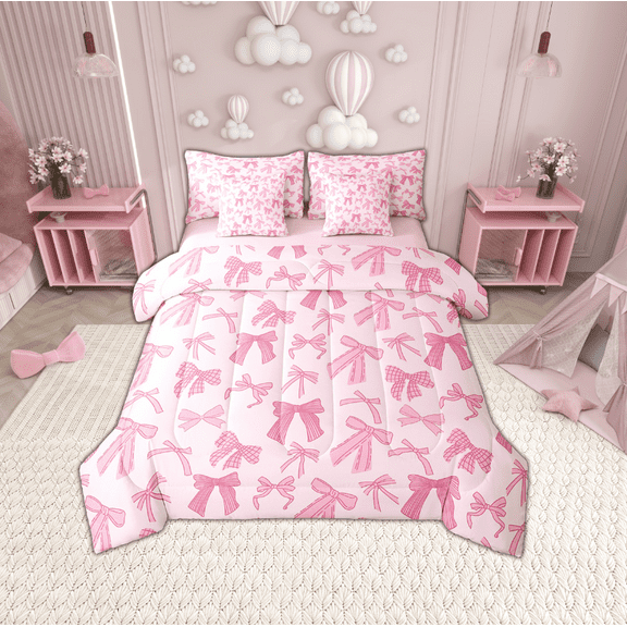 Erosebridal Pink Bowknot Bedding Sets Twin Size,Dreamy Princess Comforter Sets with Sheets,Super Cozy Reversible Bed in a Bag Twin size,Bow Room Decorative,7pcs