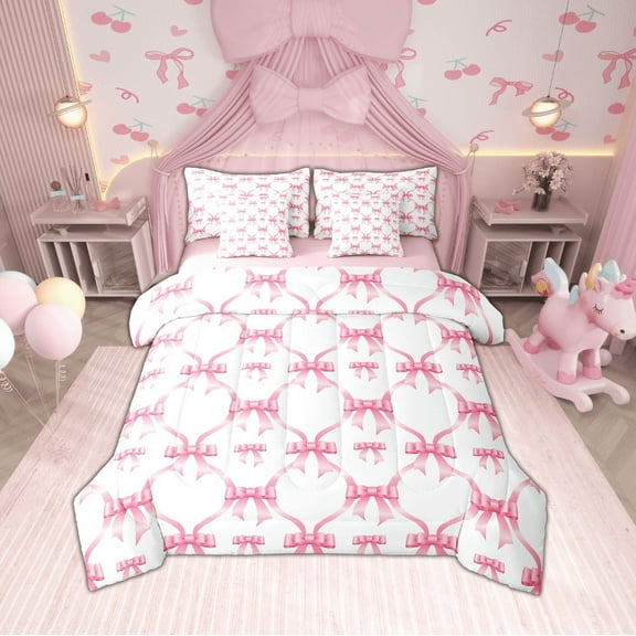 Erosebridal Pink Bowknot Bedding Sets Twin Size,Geometric Plaid Comforter Sets with Sheets,Dreamy Princess Bed in a Bag Twin size,Ultra Soft Kawaii Bedroom Decorative,Reversible,7-Piece