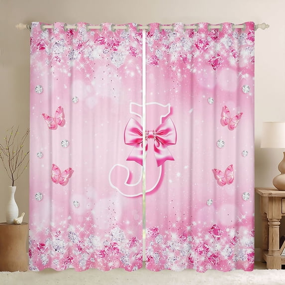 Erosebridal Pink Bowknot Blackout Curtains Set of 2 (52x84 Each) For Girls,Pink Butterfly Letter J Initial Window Curtains