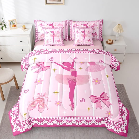 Erosebridal Pink Bowknot Bow Bed in a Bag Twin Size,Dance Ballet Girl Bed Set,Cartoon Flower Floral Bedding Twin Size,Breathable Bedroom Decorative Reversible,7 Pieces