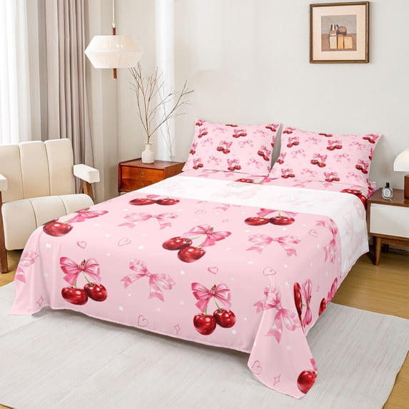 Erosebridal Pink Bowknot Cherry Full Size Sheets for Girls, Cute Love Heart Bed Sheets, 4-Piece