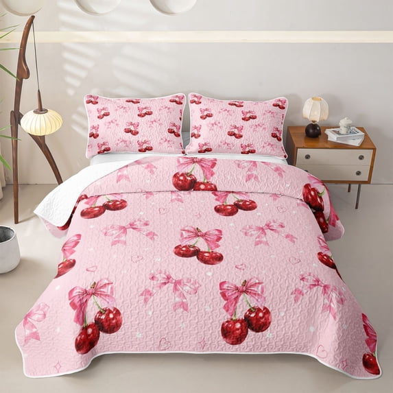 Erosebridal Pink Bowknot Cherry Quilt King for Girls, Cute Love Heart King Coverlet Set, 3-Piece