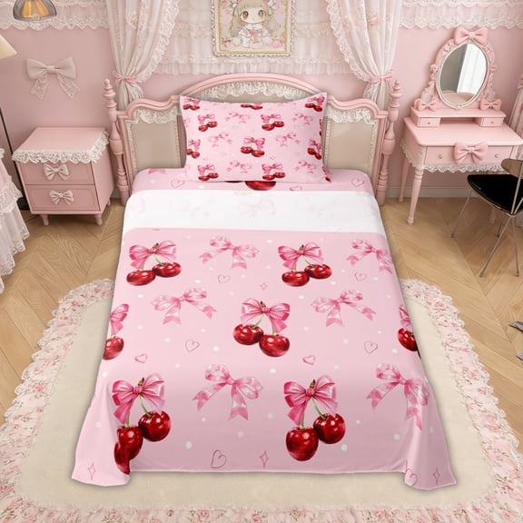 Erosebridal Pink Bowknot Cherry Twin Sheet Sets for Girls, Cute Love Heart Bedding, 3-Piece