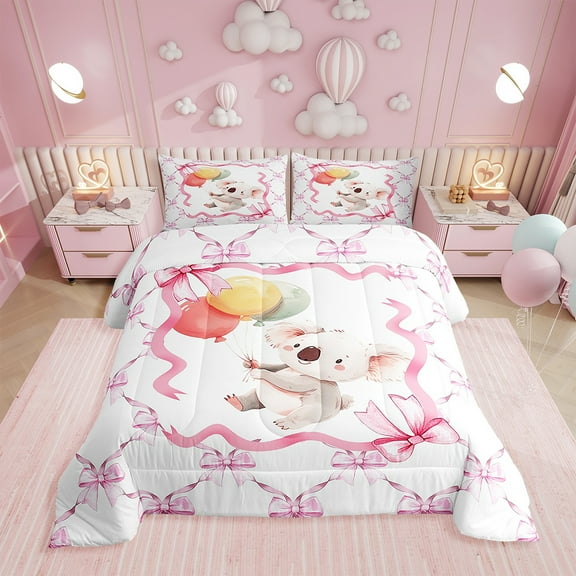 Erosebridal Pink Bowknot Comforter Set,Cartoon Koala Bedding Set Twin,Kawaii Animal Down Comforter,Princess Bow Knot Reversible Bed Set with 1 Pillowcase for Bedroom