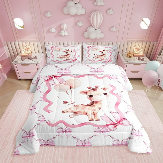 Erosebridal Pink Bowknot Comforter Set,Cartoon Giraffe Bedding Set,Cute Animal Down Comforter,Watercolor Bow Knot Reversible Bed Set with 2 Pillowcases Lightweight,Full
