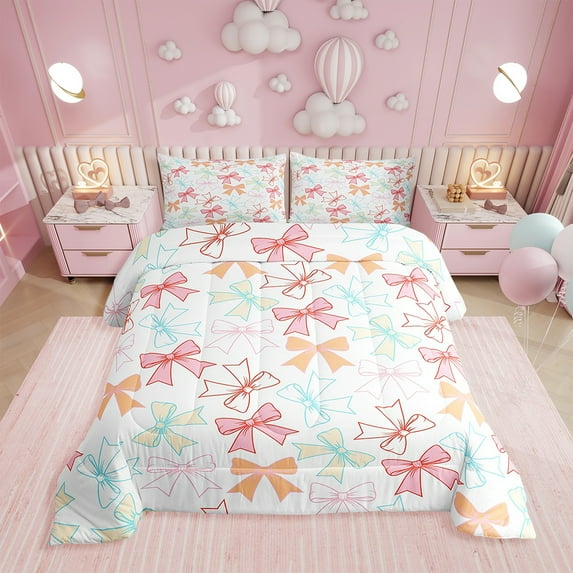 Erosebridal Pink Bowknot Comforter Set,Full Romantic Bow Bedding Set for Princess,Cute Bowknots Down Comforter,Colorful Bow Reversible Bed Set with 2 Pillowcases Lightweight