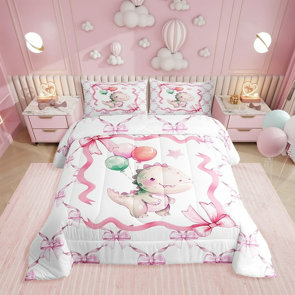 Erosebridal Pink Bowknot Comforter Set,Cute Dinosaur Bedding Set Twin,Kawaii Dino Down Comforter,Princess Bow Reversible Bed Set with 1 Pillowcase for Bedroom