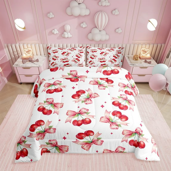 Erosebridal Pink Bowknot Decor Comforter Set Twin Size Girly Cherry Bow Kawaii Bedding Set Watercolor Pink Bow Quilt Set Cute Princess Style Duvet Set with 1 Pillowcase