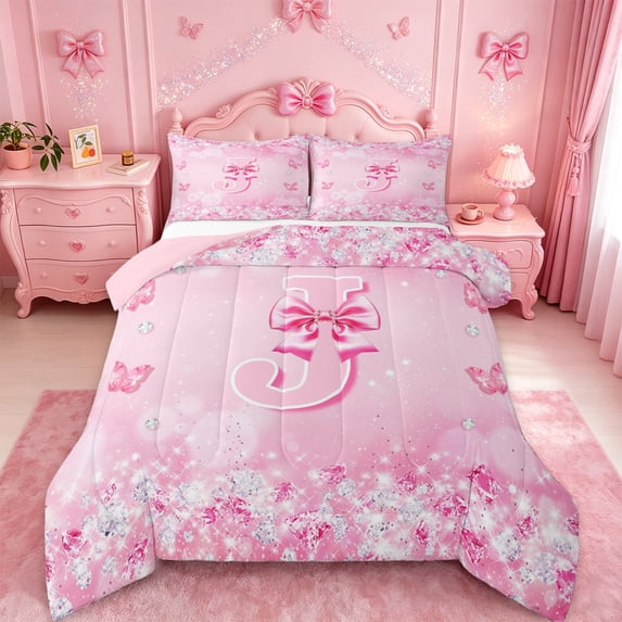 Erosebridal Pink Bowknot Full Size Comforter Sets For Girls,Pink Butterfly Letter J Initial Bedding Sets,Pink Reversible,3-Piece