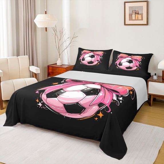Erosebridal Pink Bowknot Full Size Sheets For Girls,Football Games Bed Sheets For Kids 4-Piece