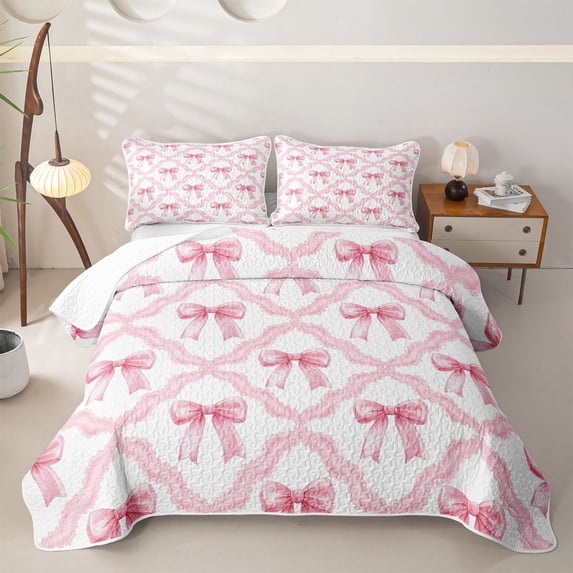 Erosebridal Pink Bowknot Girls Quilt King, Princess Butterfly Knot King Coverlet Set, 3pcs