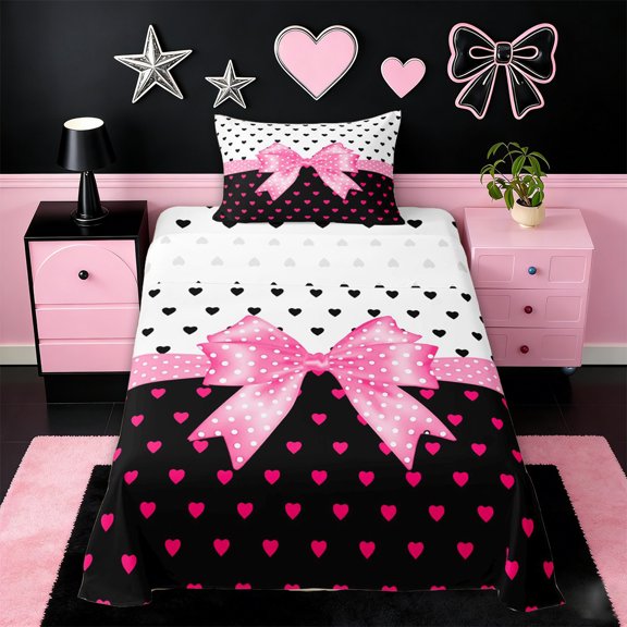 Erosebridal Pink Bowknot Girls Twin Sheet Sets,Cartoon Hear Print Bedding For Kids 3-Piece