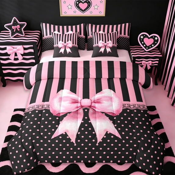 Erosebridal Pink Bowknot Kids 7-Piece Twin Bedding Sets,Pink Black Modern Geometric Stripes Bedding Comforter Set For Bowtie Girls,Pink Reversible