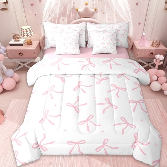 Erosebridal Pink Bowknot Kids 7pcs Bedding Comforter Set,Cute Bowtie Princess Queen Bedding Sets For Girls,Pink Reversible