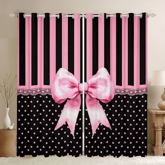 Erosebridal Pink Bowknot Kids Black Out Curtains,Pink Black Modern Geometric Stripes Curtains Pack of 2 (42x63 Each) For Bowtie Girls