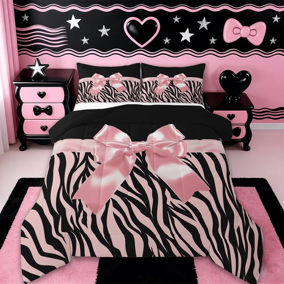 Erosebridal Pink Bowknot Kids Queen Comforter Set,Chic Zebra Stripe Print Bedding Comforter Set For Girls,Reversible black,3-Piece