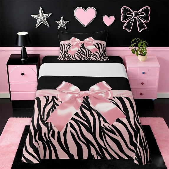Erosebridal Pink Bowknot Kids Twin Sheet Sets,Chic Zebra Stripe Print Bedding For Girls 3 Pieces