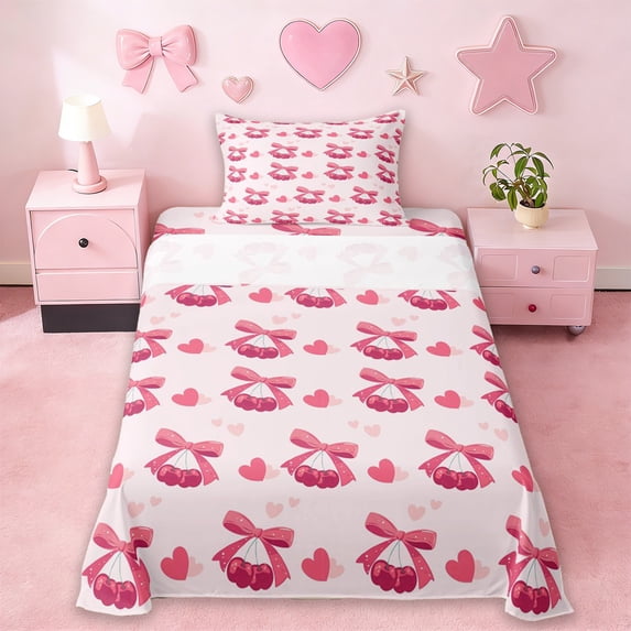 Erosebridal Pink Bowknot Kids Twin Sheet Sets,Red Cherries Romantic Hearts Print Bedding For Girls 3pcs