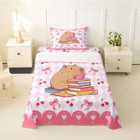 Erosebridal Pink Bowknot Loves Twin Sheet Sets For Kids,Red Cherries Cute Capybara Animals Bedding For Capybara Lovers 3-Piece
