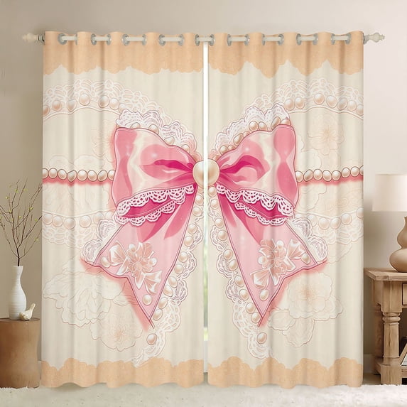 Erosebridal Pink Bowknot Pearl Black Out Curtains for Girls, Vintage Ribbon Curtains Pack of 2 (42x63 Each)