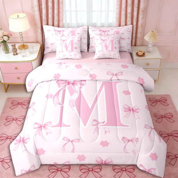 Erosebridal Pink Bowknot Personalized Initial M Bedding Comforter Set 7 Pieces,Japanese Style Sakura Full Bedding Set,Pink Reversible,Ultra Soft Home Decor